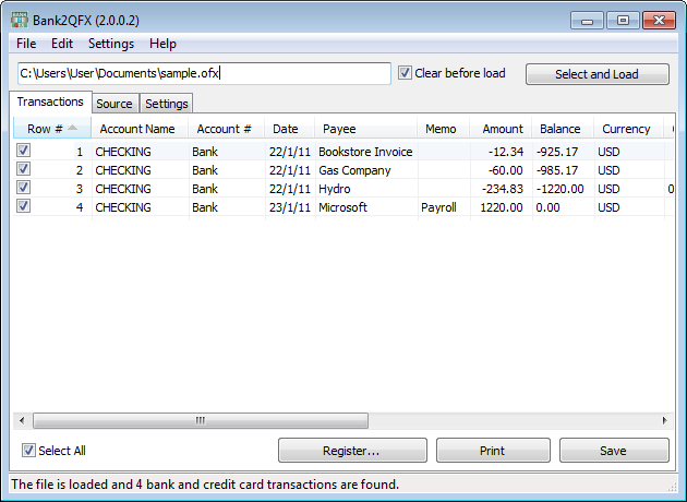 Bank2QFX 2.2.2.5 software screenshot