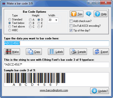 Bar Code 3 of 9 6.0 software screenshot