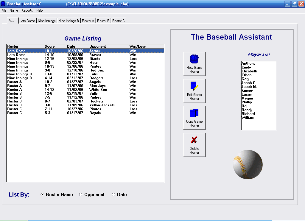 Baseball Roster Organizer 1.2.1 software screenshot