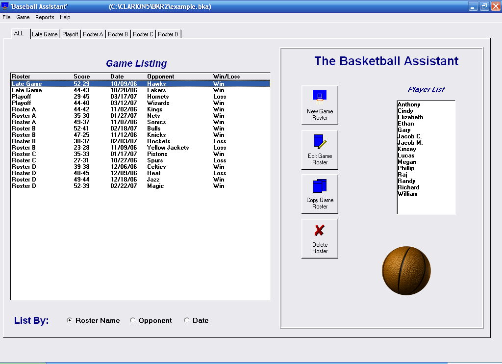 Basketball Roster Organizer 1.2.1 software screenshot