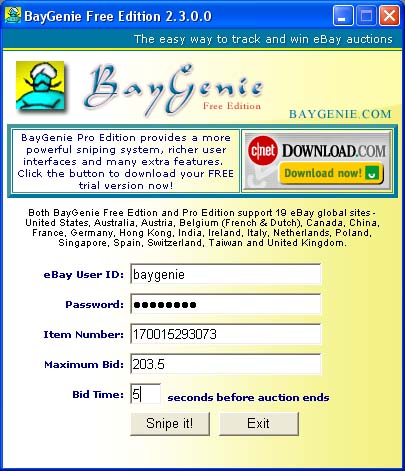 BayGenie eBay Auction Sniper Free 3.3.6.0 software screenshot