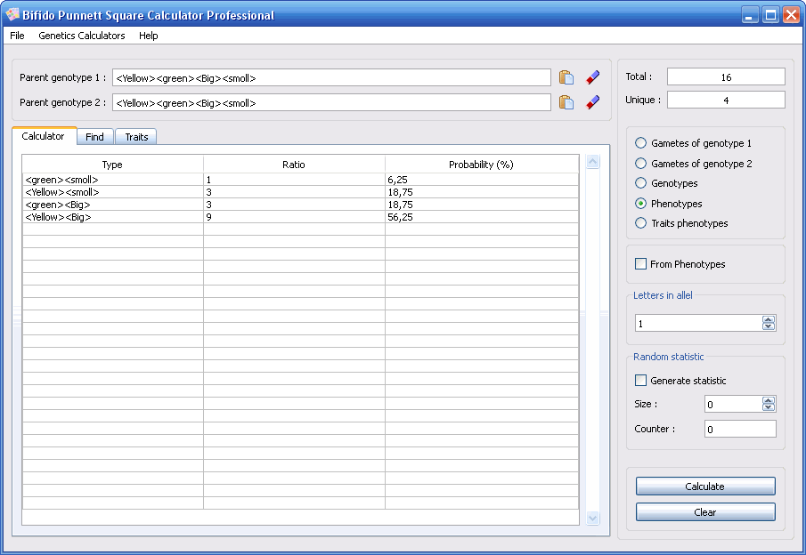 Bifido Punnett Square Calculator Professional 4.0 software screenshot