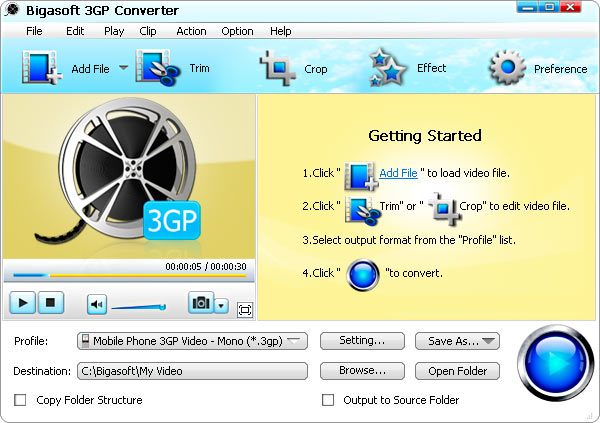 Bigasoft 3GP Converter 3.6.14.4463 software screenshot