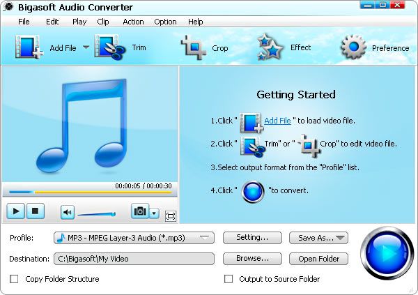 Bigasoft Audio Converter 5.1.1.6250 software screenshot