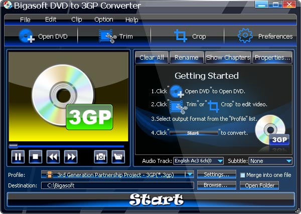 Bigasoft DVD to 3GP Converter 1.7.6.4074 software screenshot