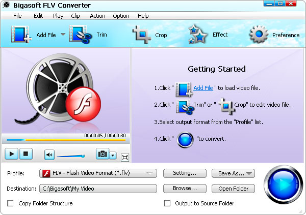 Bigasoft FLV Converter 3.7.43.4881 software screenshot