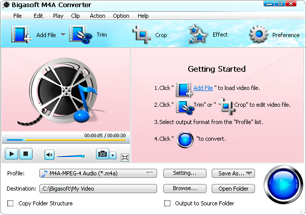 Bigasoft M4A Converter 3.7.46.4937 software screenshot