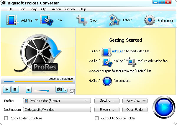 Bigasoft ProRes Converter 3.7.36.4825 software screenshot