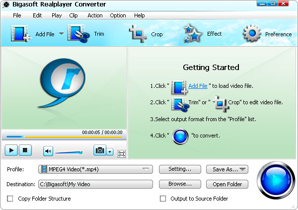 Bigasoft RealPlayer Converter 3.7.45.4933 software screenshot