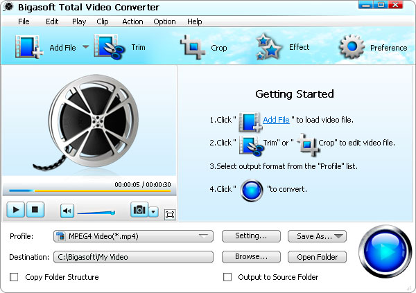Bigasoft Total Video Converter 5.1.1.6250 software screenshot