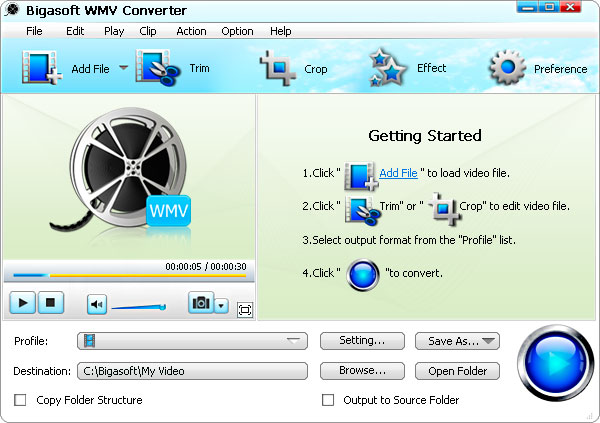 Bigasoft WMV Converter 3.7.44.4896 software screenshot