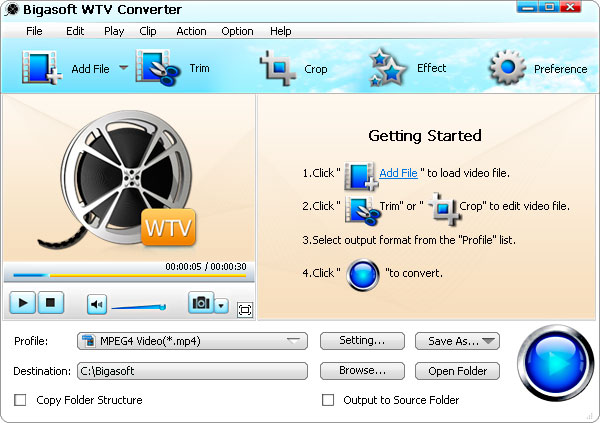 Bigasoft WTV Converter 3.7.46.4937 software screenshot