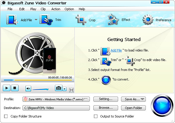 Bigasoft Zune Video Converter 3.7.36.4825 software screenshot