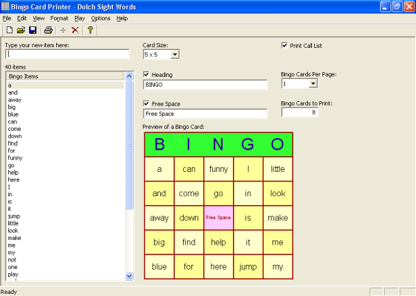 Bingo Card Printer 6.01 software screenshot