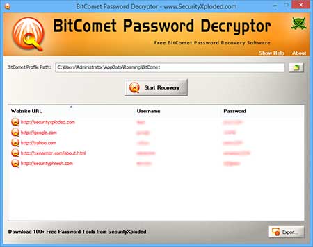BitComet Password Decryptor 1.5 software screenshot