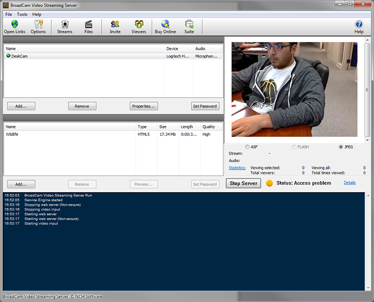 BroadCam Video Streaming Server 2.35 software screenshot