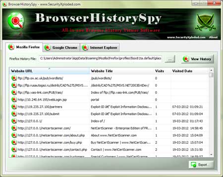 Browser History Spy Portable 2.5 software screenshot