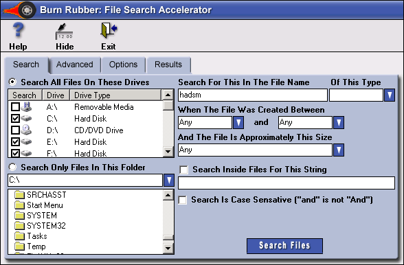 Burn Rubber: File Search Accelerator 2.3.1 software screenshot