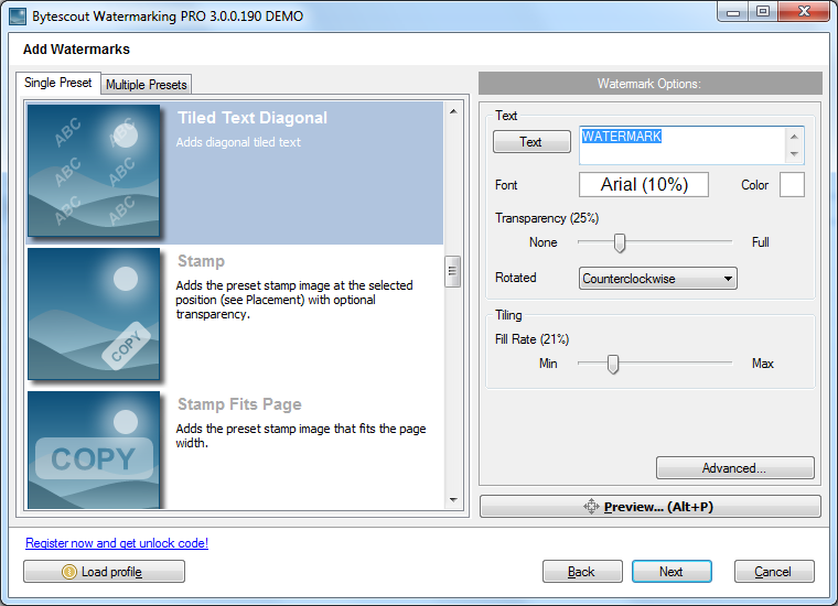 Bytescout Watermarking PRO 3.00.190 software screenshot