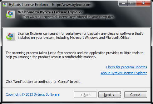 Bytexis License Explorer 1.0.300.2013 software screenshot