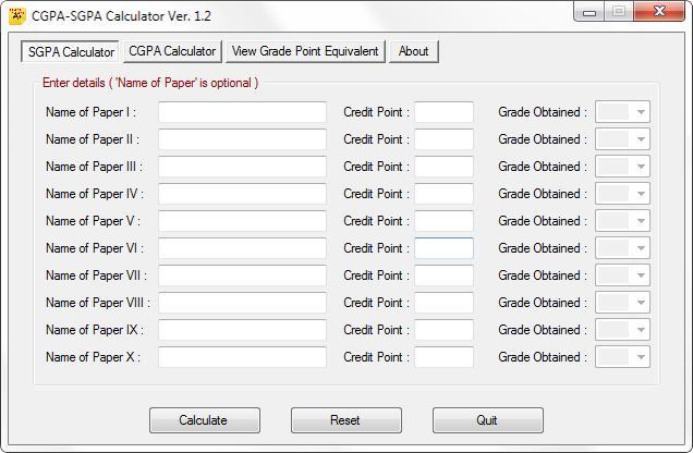 CGPA-SGPA Calculator 1.2 software screenshot