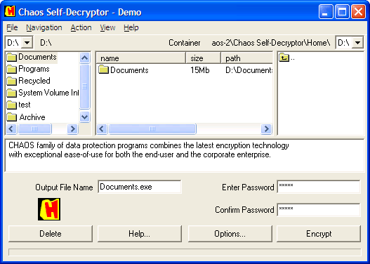CHAOS Self Decryptor 3.9 software screenshot
