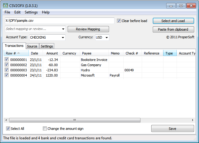 CSV2OFX 3.0.6.1 software screenshot