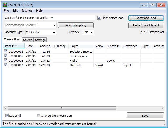 CSV2QBO 3.0.6.1 software screenshot