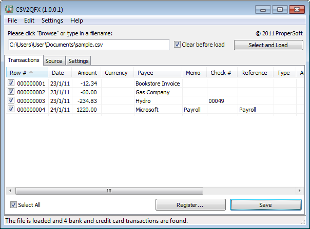 CSV2QFX 3.0.1.3 software screenshot