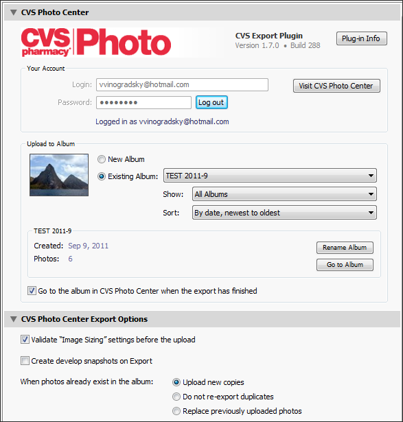 CVS Photo Center Export Plugin 4.0.0 software screenshot