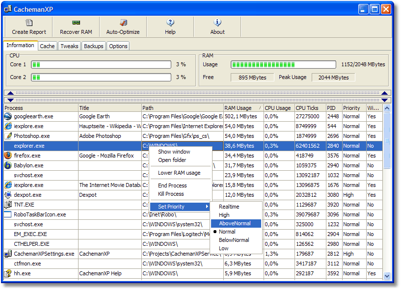 CachemanXP 2.0 software screenshot