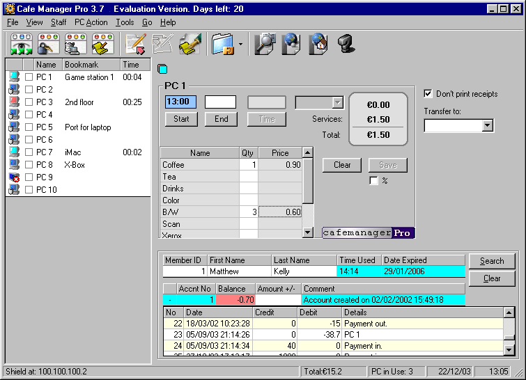 Cafe Manager Pro for Internet Cafes 3.8.4 software screenshot