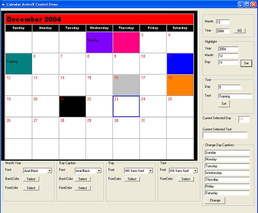 Calendar ActiveX Control 2.0 software screenshot