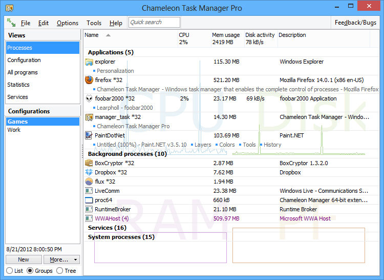 Chameleon Task Manager Lite 4.0.0.739 software screenshot