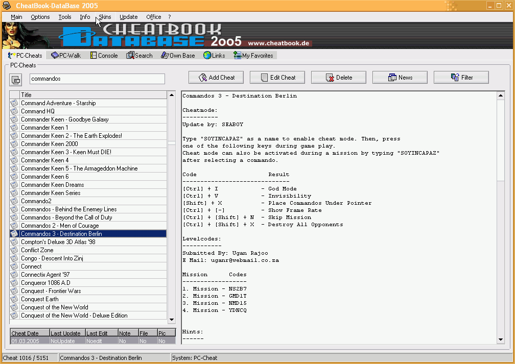 CheatBook-DataBase 2005 1.0 software screenshot