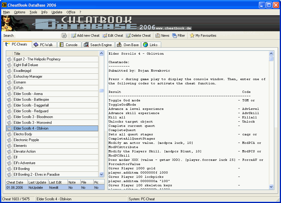 CheatBook-DataBase 2006 1.0 software screenshot