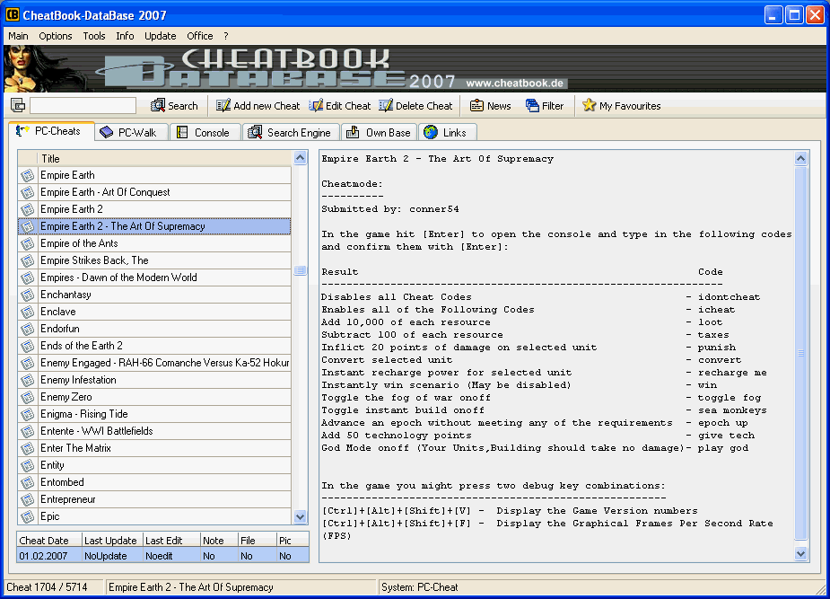 CheatBook-DataBase 2007 1.0 software screenshot