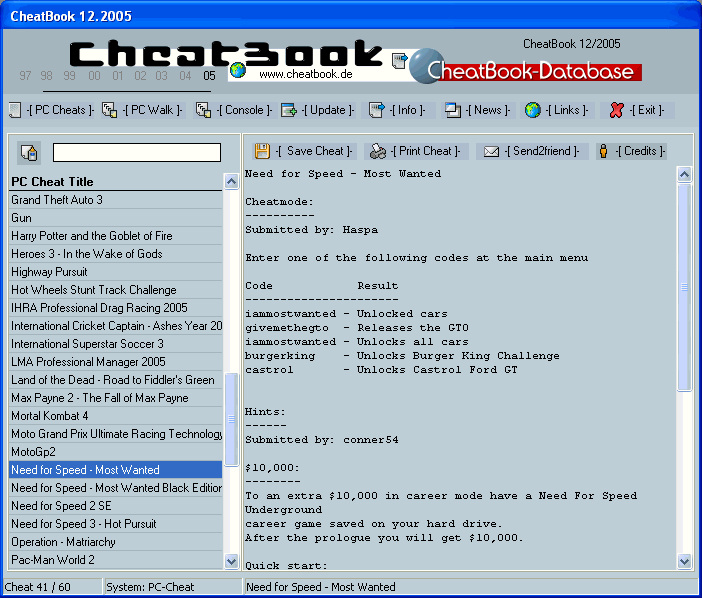 CheatBook Issue 12/2005 12/2005 software screenshot