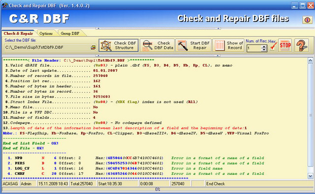 Check and repair DBF 1.4.0.2 software screenshot