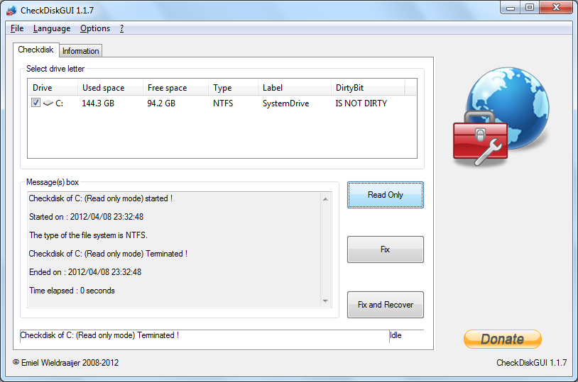 CheckDiskGUI 1.1.9 software screenshot