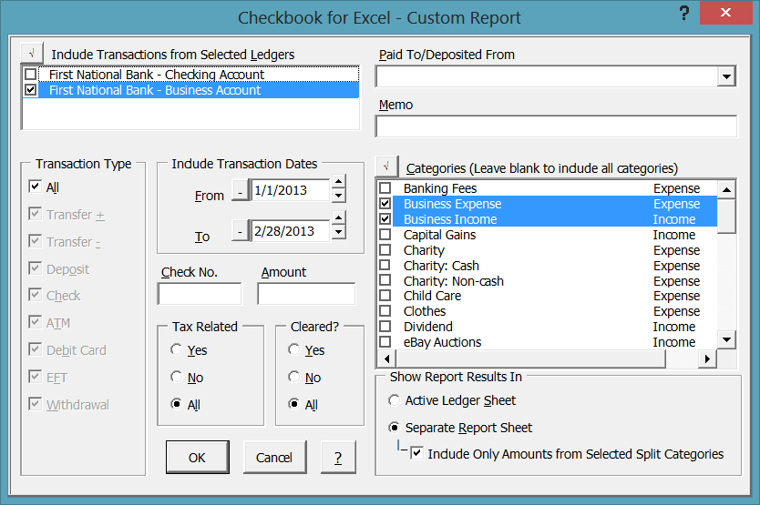 Checkbook for Excel 6.0b software screenshot