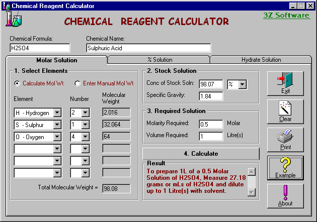 Chemical Reagent Calculator 3.0 software screenshot