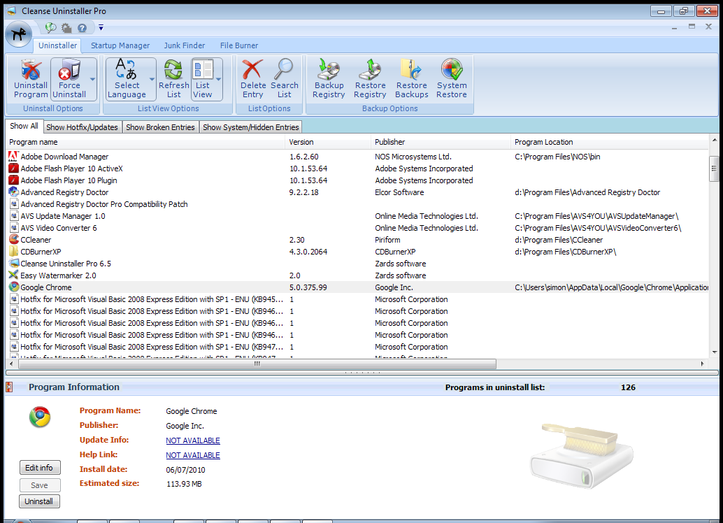 Cleanse Uninstaller Pro 7.1.4 software screenshot