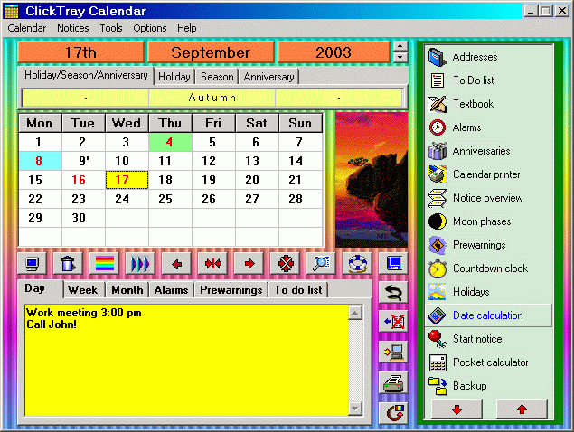 Click Tray Calendar 2.58 software screenshot