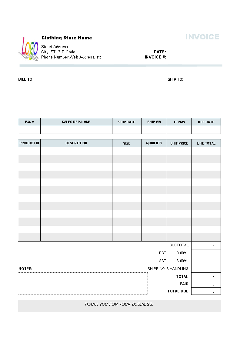 Clothing Store Invoice Template 1.10 software screenshot