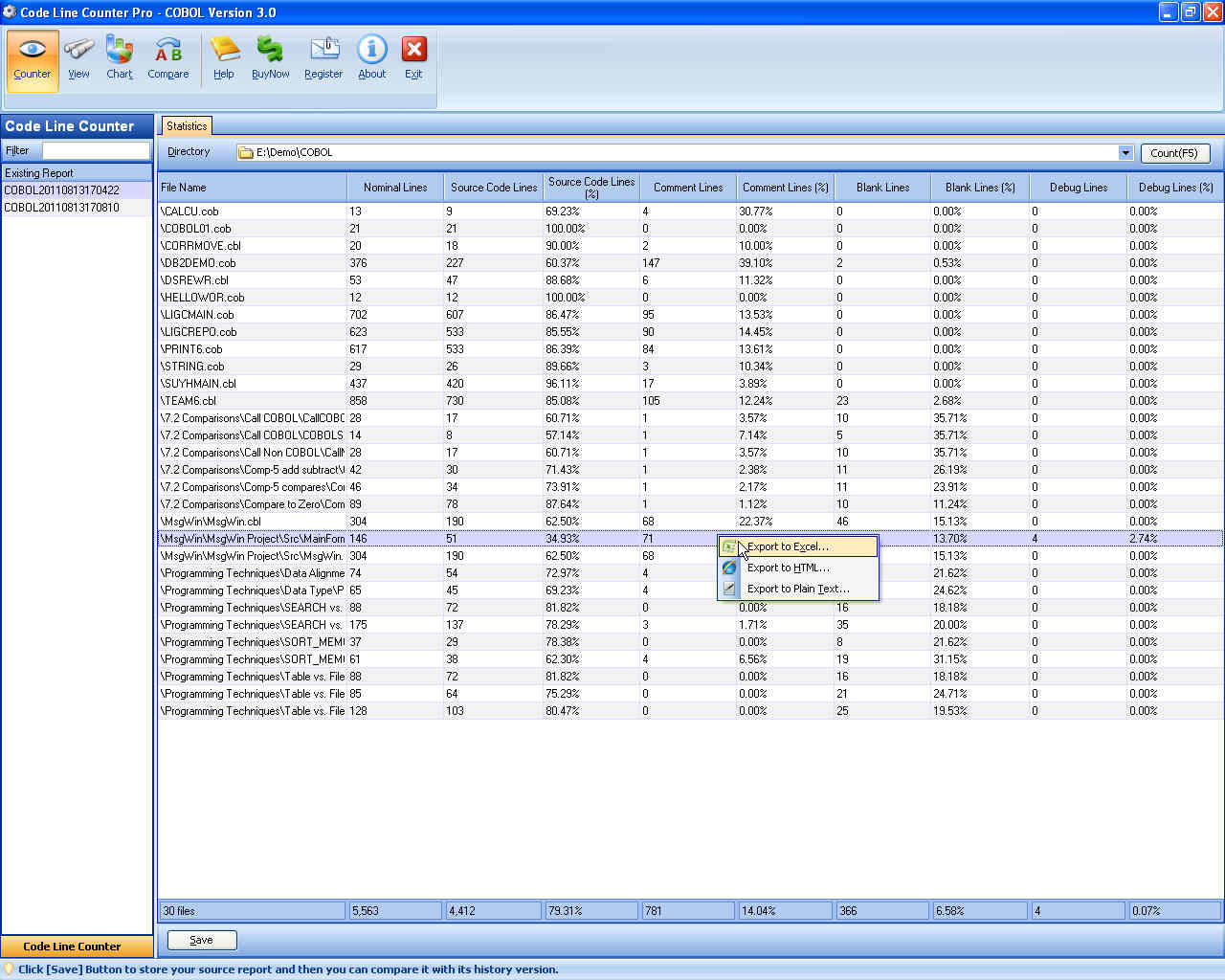 Code Line Counter Pro - COBOL Version 6.7.6.7.66.116 software screenshot