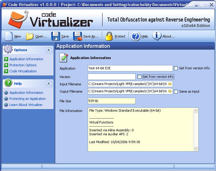 Code Virtualizer 2.0.8.0 software screenshot