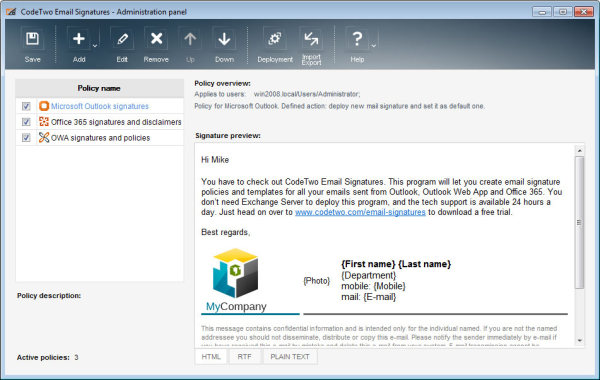 CodeTwo Email Signatures 1.6.3.24 software screenshot