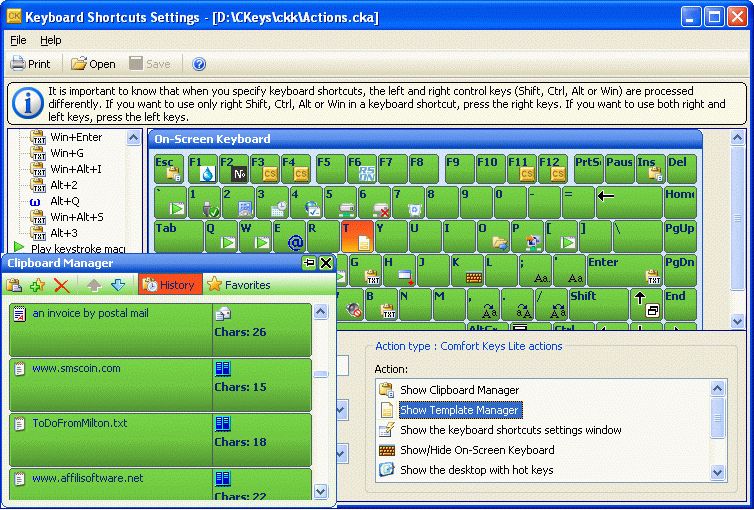 Comfort Keys Lite 7.5.0.0 software screenshot
