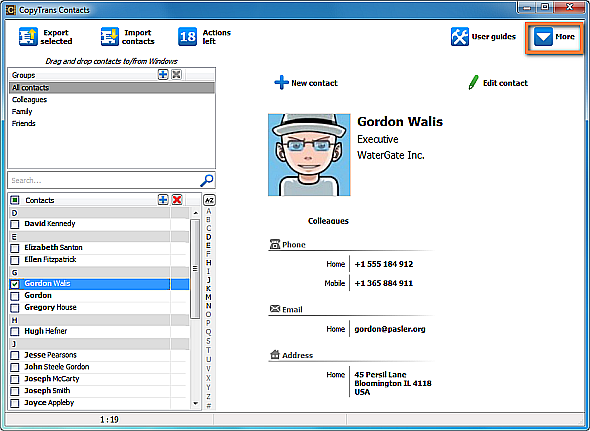 CopyTrans Contacts 1.603 software screenshot